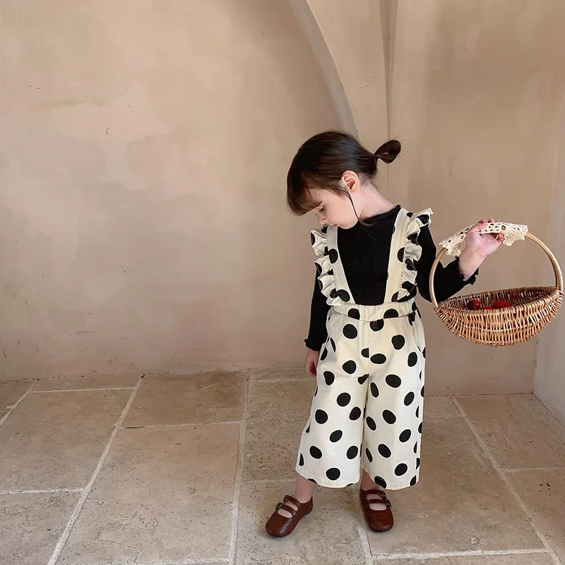 Girls' Set Long Sleeve Stretch Base Shirt with Polka Dot Overalls24Autumn and Winter New Fashion Foreign Trade Children's Wholes 2