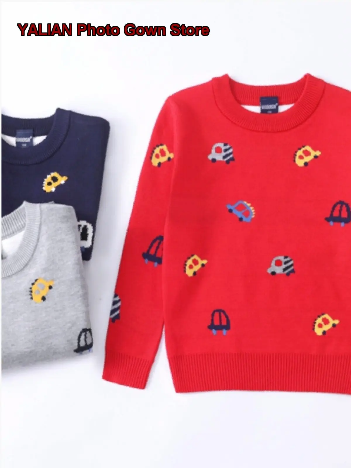 Boys Pullover Sweater Autumn Winter Double-Layer Warm Car Pattern Round Neck Pure Cotton Baby Knit Top
