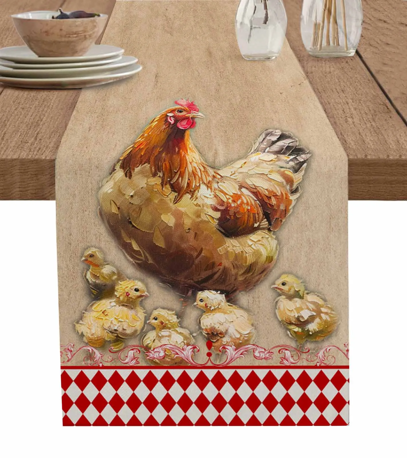 Retro Country Farm Hen Table Runner for Dining Table Kitchen Decor Tablecloth Wedding Dining Table Runner