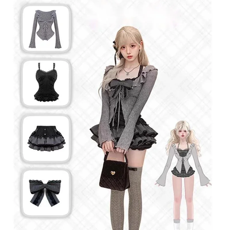 

Y2K Bow Tie Dresses Set JK Lolita Girl Coconut Black Lace Pleated Patchwork Suspender Gray Knitted Long Sleeved Cardigan Set New