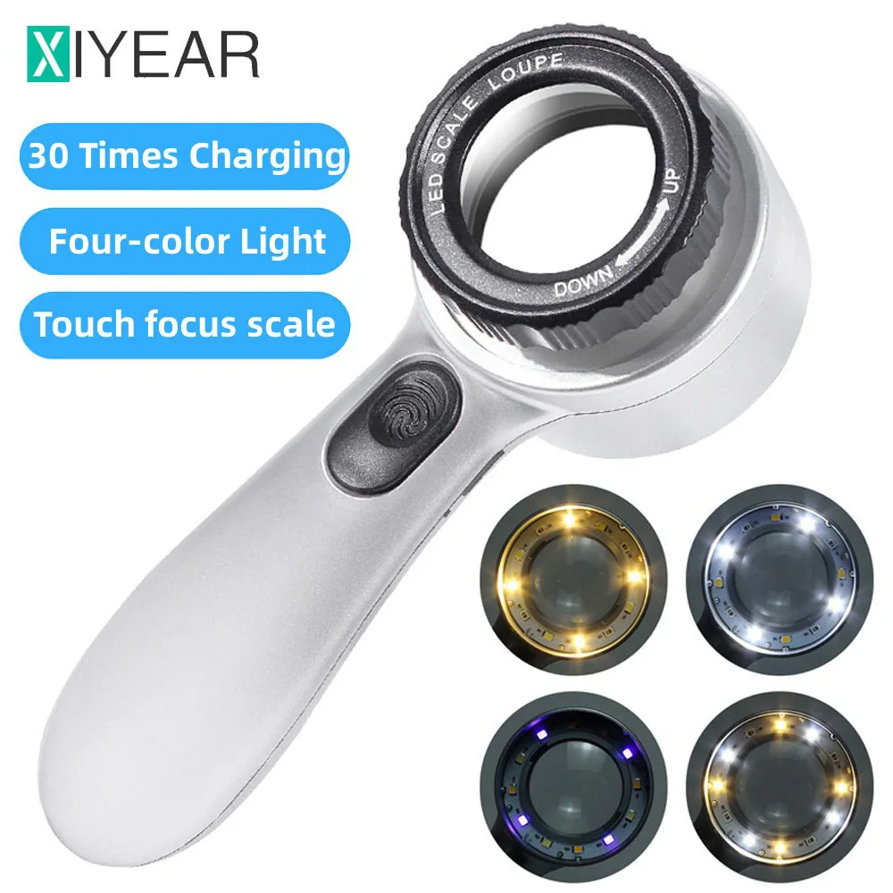 

Rechargeable 30X Illuminated Magnifying Glass LED Lighted Handheld Reading Magnifier With 4 Light Modes Perfect For Seniors