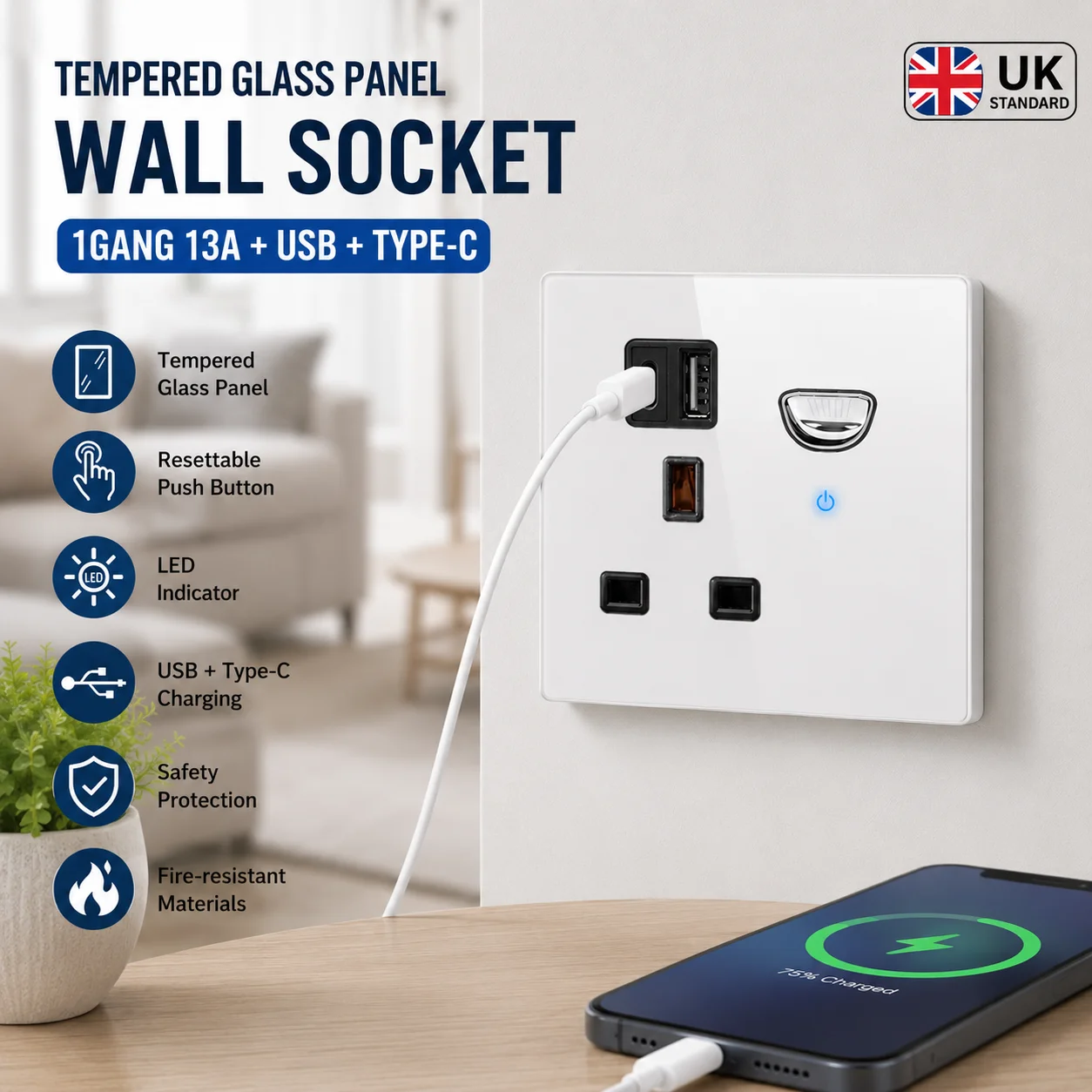UK/EU International white wall light switch panel Tempered glass self-reset 1/2/3/4 Gang 1/2 /3Way LED indicator panel