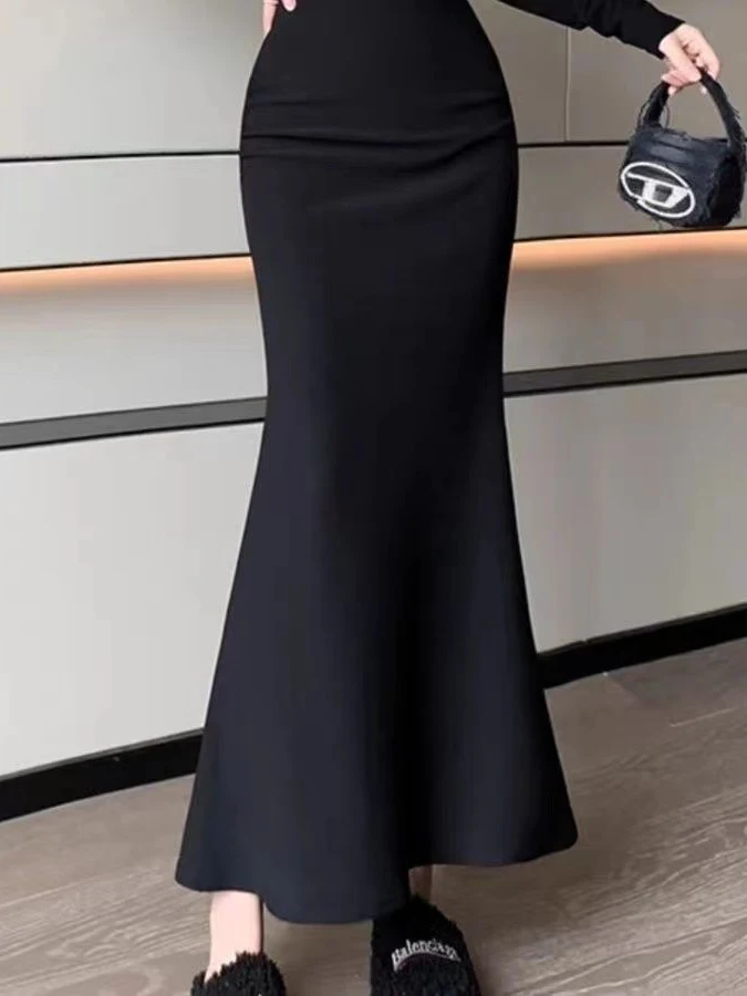 Fashionable Korean Style Pure Color Elastic Waist Fish Tail Skirt Autumn New Arrival plus Size Women's A-Line Midi Skirt view 4