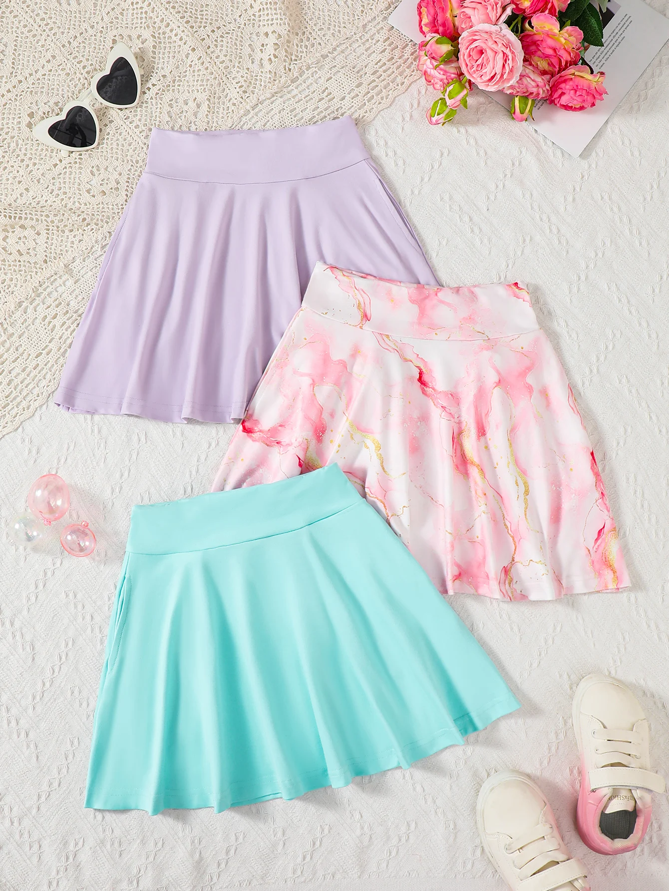 3-Piece Set Kids Summer Mixed Color Casual Sports Skirts for Girls Suitable for Daily Wear And Outdoor Activities