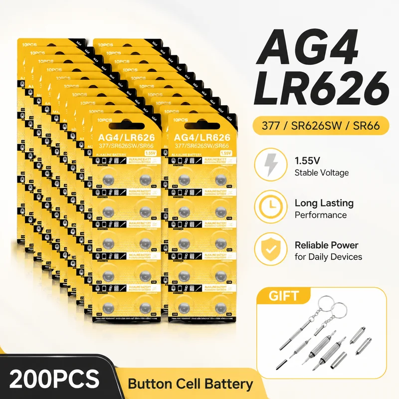 200PCS AG4 LR626 Alkaline Button Coin Cell Batteries 1.55V 377 SR626 177 626A 377A CX66W for Toys Calculator Car Key Clock Watch