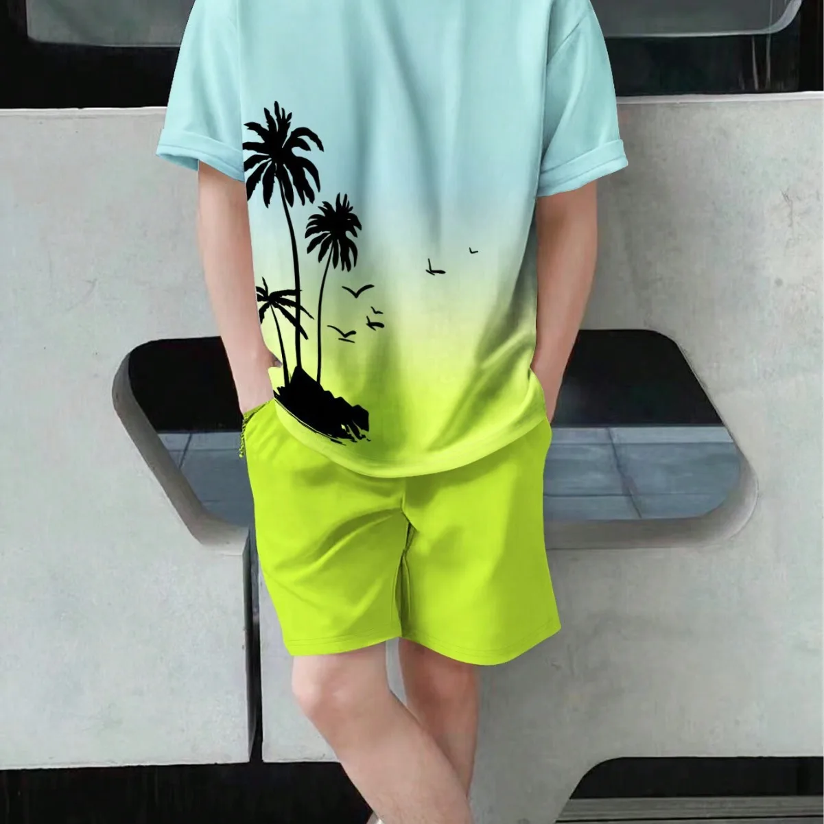 Summer 3D Printed T-shirt Shorts Two-piece Set for Men with Gradient Coconut Tree Pattern Casual Trend Set