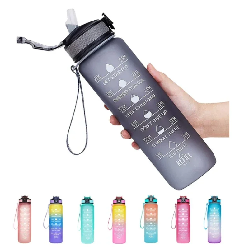 

1 Liter Water Bottle With Time Scale fitness Outdoor Sports Water bottles with straw Frosted Leakproof Motivational Sport Cups