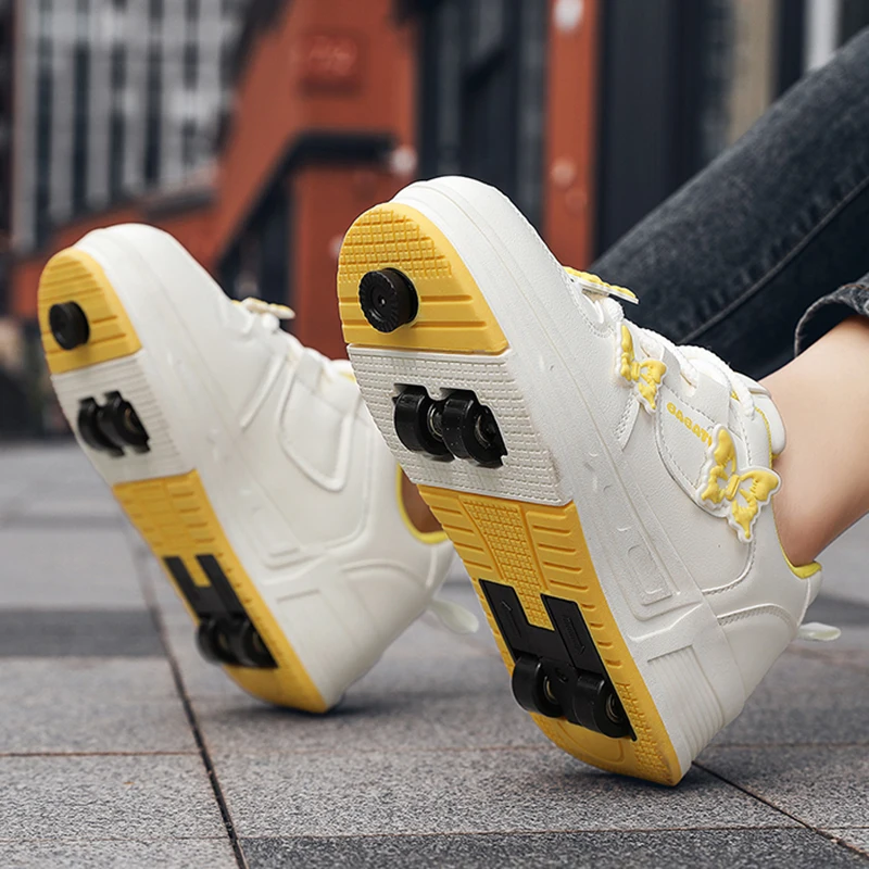 Children's Roller Skating Shoes Four Wheel Shrinkable Brake Roller Skating Shoes With Butterfly Patterns Kid's Outdoor Sneakers view 4