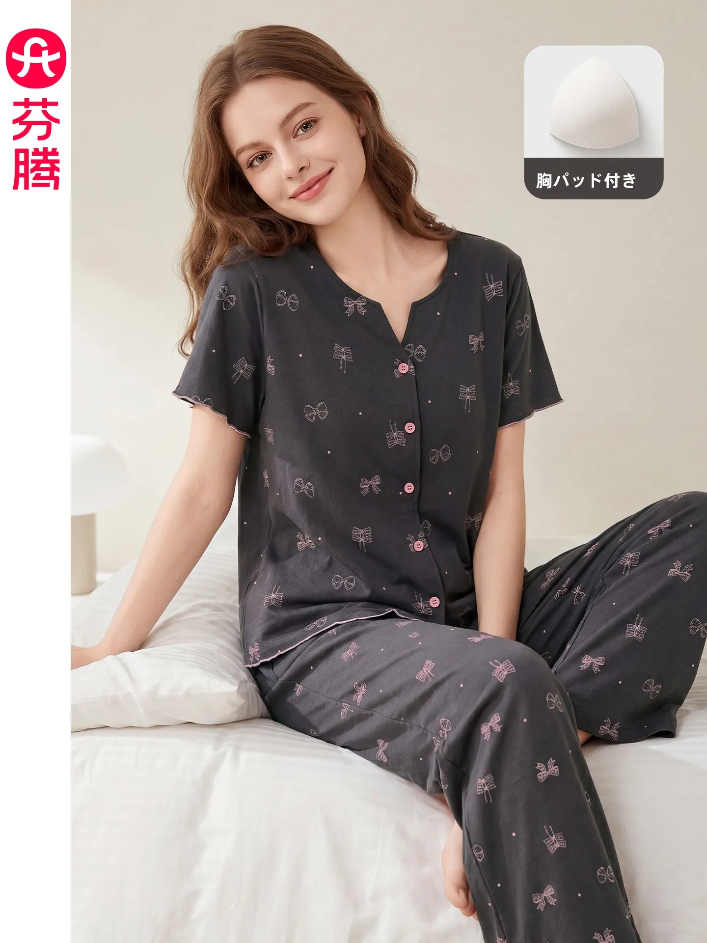 fenteng-pure-cotton-sleepwear-women's-summer-short-sleeve-long-pants-knot-open-cardigan-breathable-comfortable-home