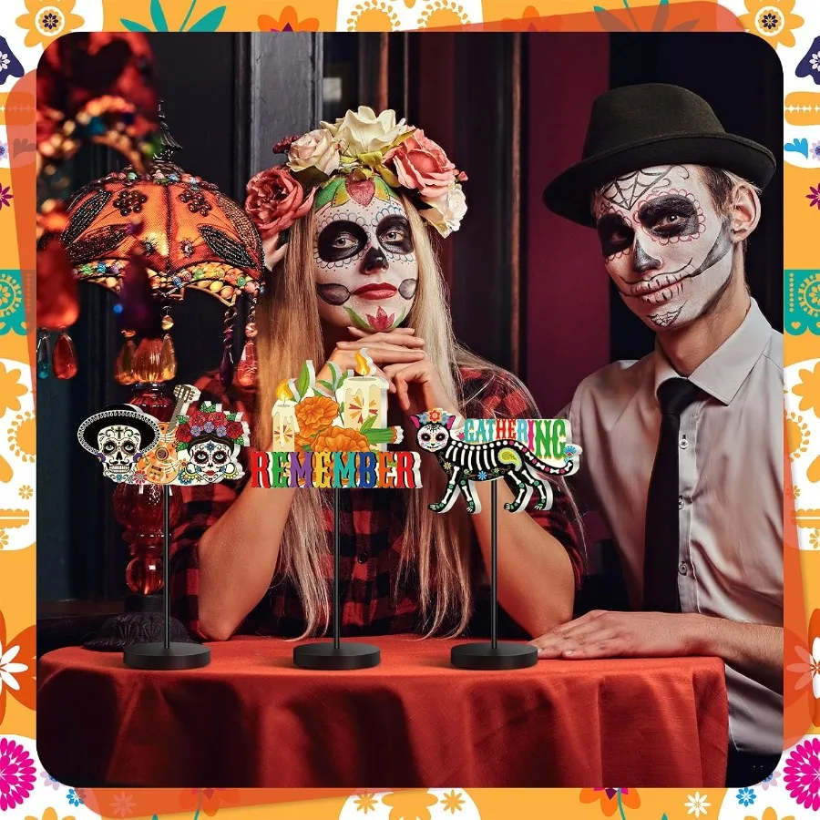 6 Pcs Dia De Los Muertos Decoration Day of The Dead Altar Table Centerpiece Wooden Sugar Skull Decor Tall Standing Mexican Hal