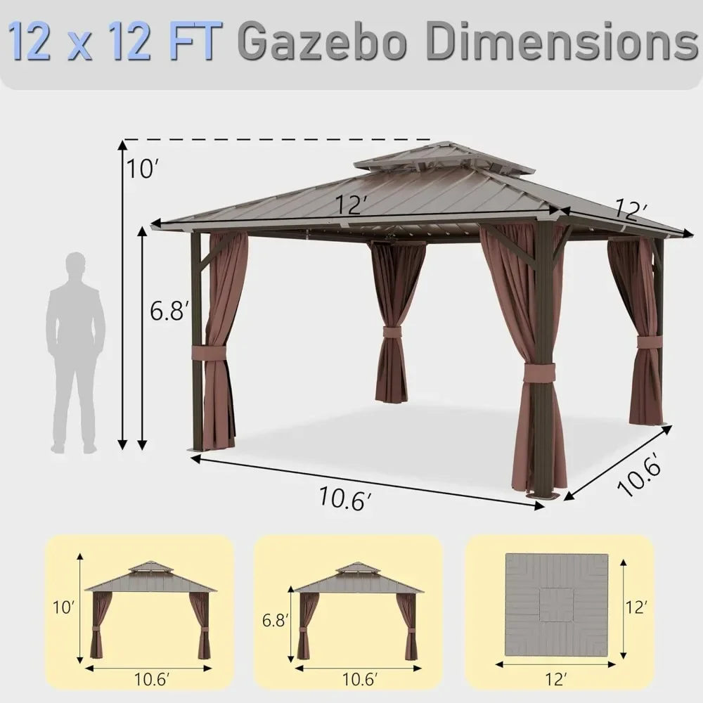 12'x12' Hardtop Gazebo, Aluminum Frame Galvanized Steel Double Roof Pavilion with Netting and Shaded Curtains, Metal Pergolas