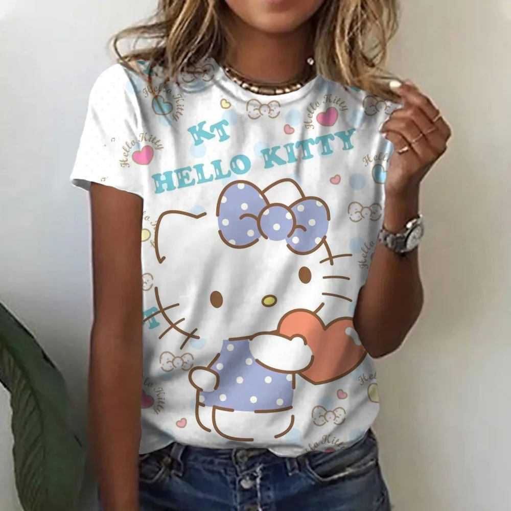 Hello Kitty Tops Aesthetic Women's T-shirts Streetwear Woman Funny Tees Short Sleeves T-shirt Clothing Fashion Girl Festival Top