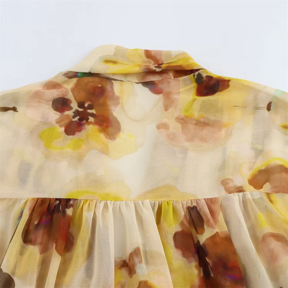 Damska moda temperamentna seksowna bluzka z kwiatowym nadrukiem, półprzezroczysta, nowość na wiosnę, koszula z długim rękawem i kołnierzykiem.