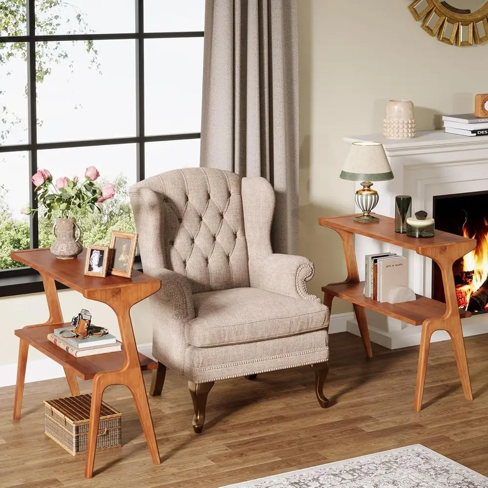 

Solid Wood 2-Piece End Table Set, Suitable for Couch or Living Room, 2-Tier Tall Design, Walnut Finish