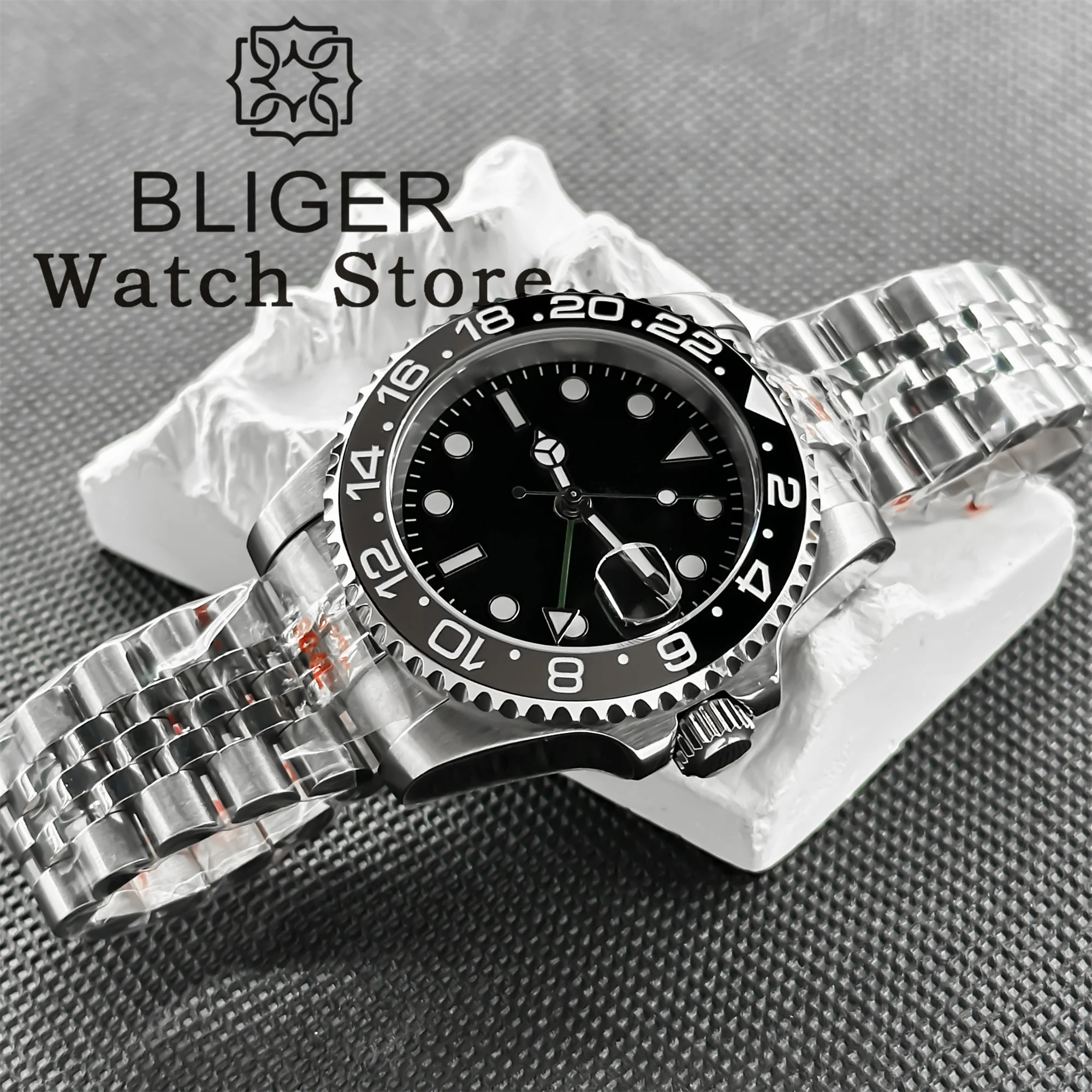 BLIGER 40mm Ronda 515 Quartz Men's Watch Ceramic Luminous Bezel Sapphire Glass Black Dial Red Green GMT Hand Waterproof Watch