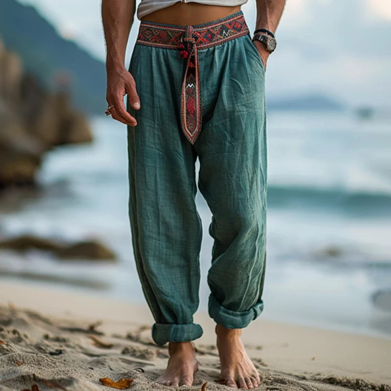 

Male Summer Fashion Pockets Beach Trouser Vintage Ethnic Pattern Sweatpants Men Clothing 2024 Mid Waist Stitching Baggy Pants