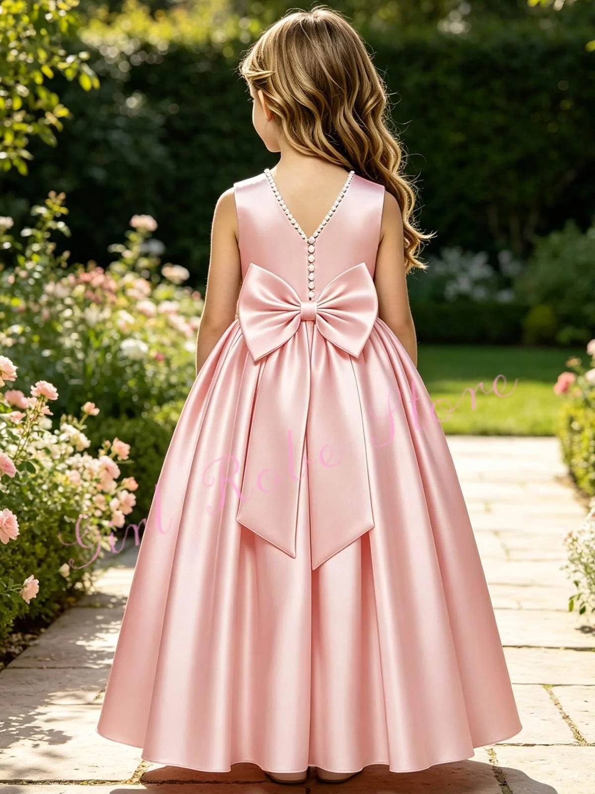 Classic Pink Satin Flower Girl Dress For Wedding Pearls O-Neck Elegant Kids Evening Banquet First Communion Ball Gown Customized