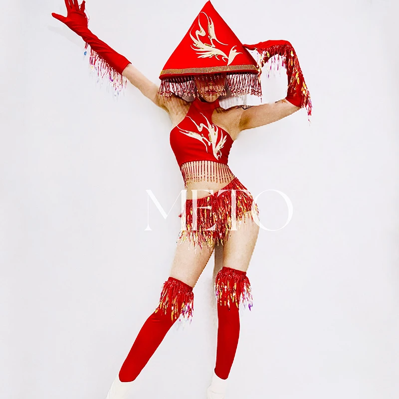 Strój Drag Queen Czerwony kostium taneczny na rurze Seksowna odzież tancerza Gogo Szorty z frędzlami Topy Odzież festiwalowa Ubrania imprezowe 2535