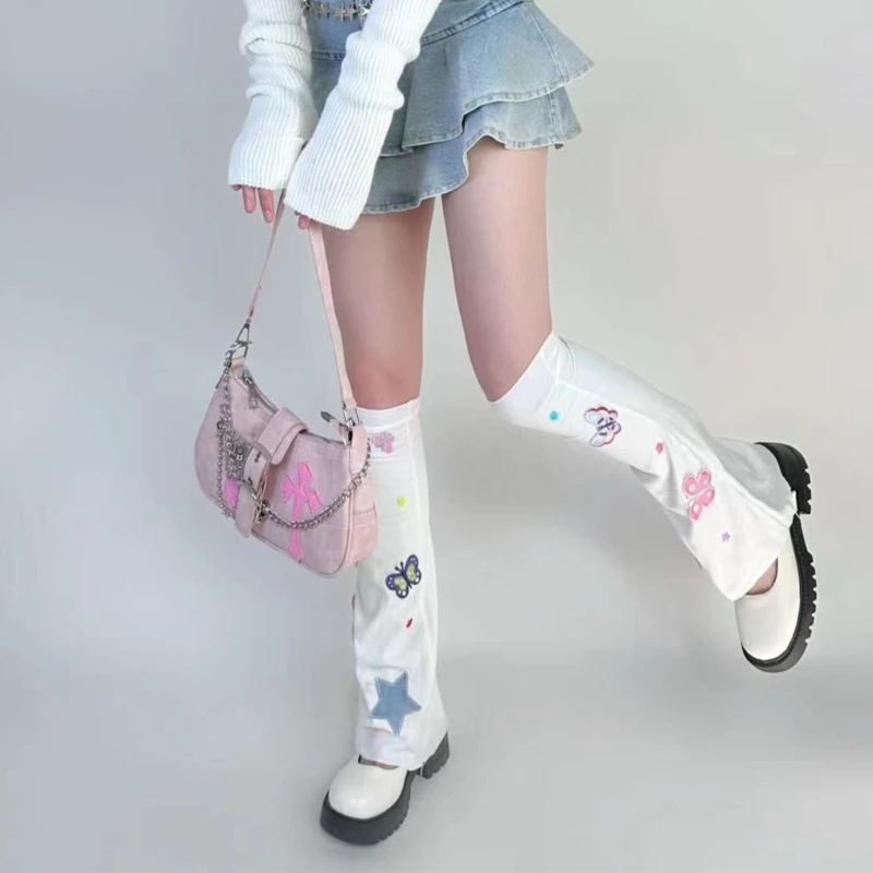 

Women Y2K Girl Gothic Flared Hem Knee High Leg Warmer Colorful Butterfly Patches Embroidery Leg Cover Long Socks 066C