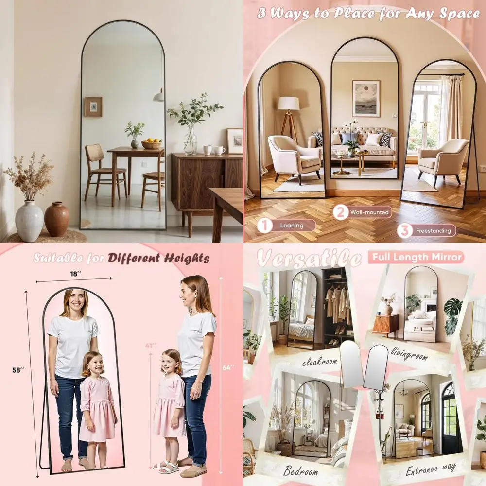 Großer gewölbter Ganzkörper-Stehspiegel, 58 x 18 Zoll, ideal für Schlafzimmer, Badezimmer, Wohnzimmer, schwarzer Rahmen