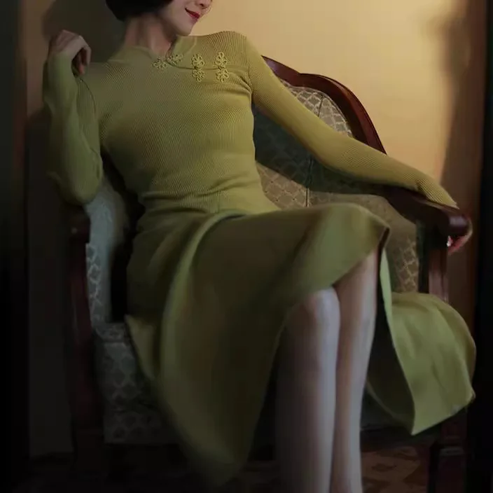 

7157 Autumn New National Zen Style Cheongsam Button Hollow Out Swing Dress Long Skirt