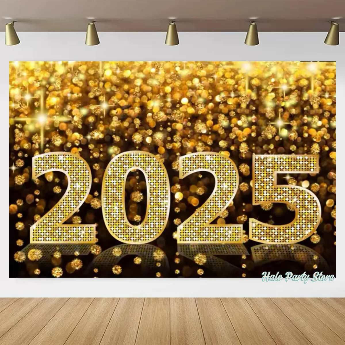 2025 Happy New Year Theme Party Background Fireworks Clock Golden Balloon Family Party Banner Decoration Photography Background