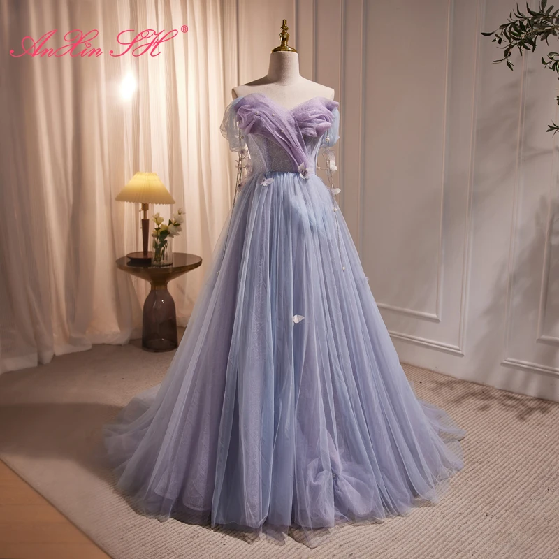 AnXin SH princess Purple Fairy Lace flower beading crystal butterfly boat neck lace up big bow a line customized evening dress