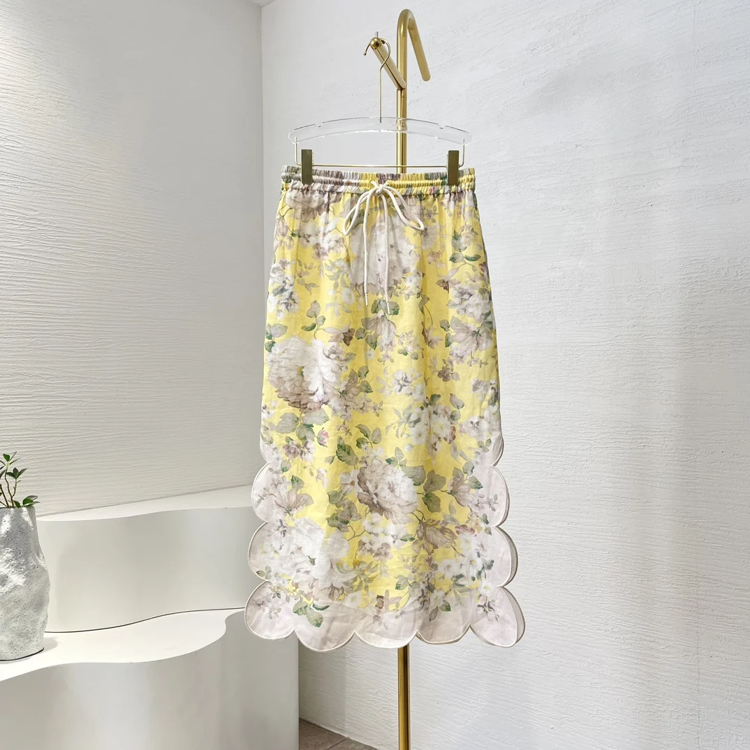 

2025 New Fashion Beige Long Sleeve Lantern Sleeve See Through Retract Waist Blouse Tops and Skirt No Match