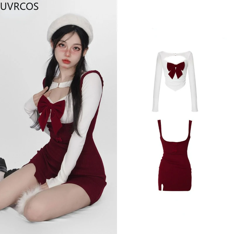 Kawaii Sweet Lolita Two Piece Set Women 2023 Japanese Sexy Hollow Out Bowhnot White Long Sleeve T Shirt Y2k Red Suspenders Dress