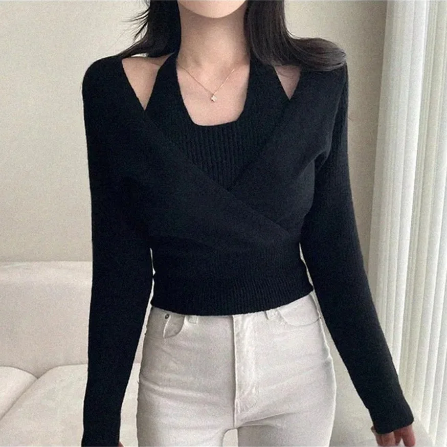 

Шикарный осенне-зимний сексуальный облегающий свитер Ne с подвесным поясом, искусственный двухсекционный цветной длинный свековый вязаный женский модный свитер