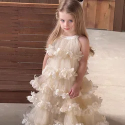 2025 Spring Summer New Children Clothing Girls Neck Hanging Flower Layered Long Dress Korean Children Birthday Princess Dress