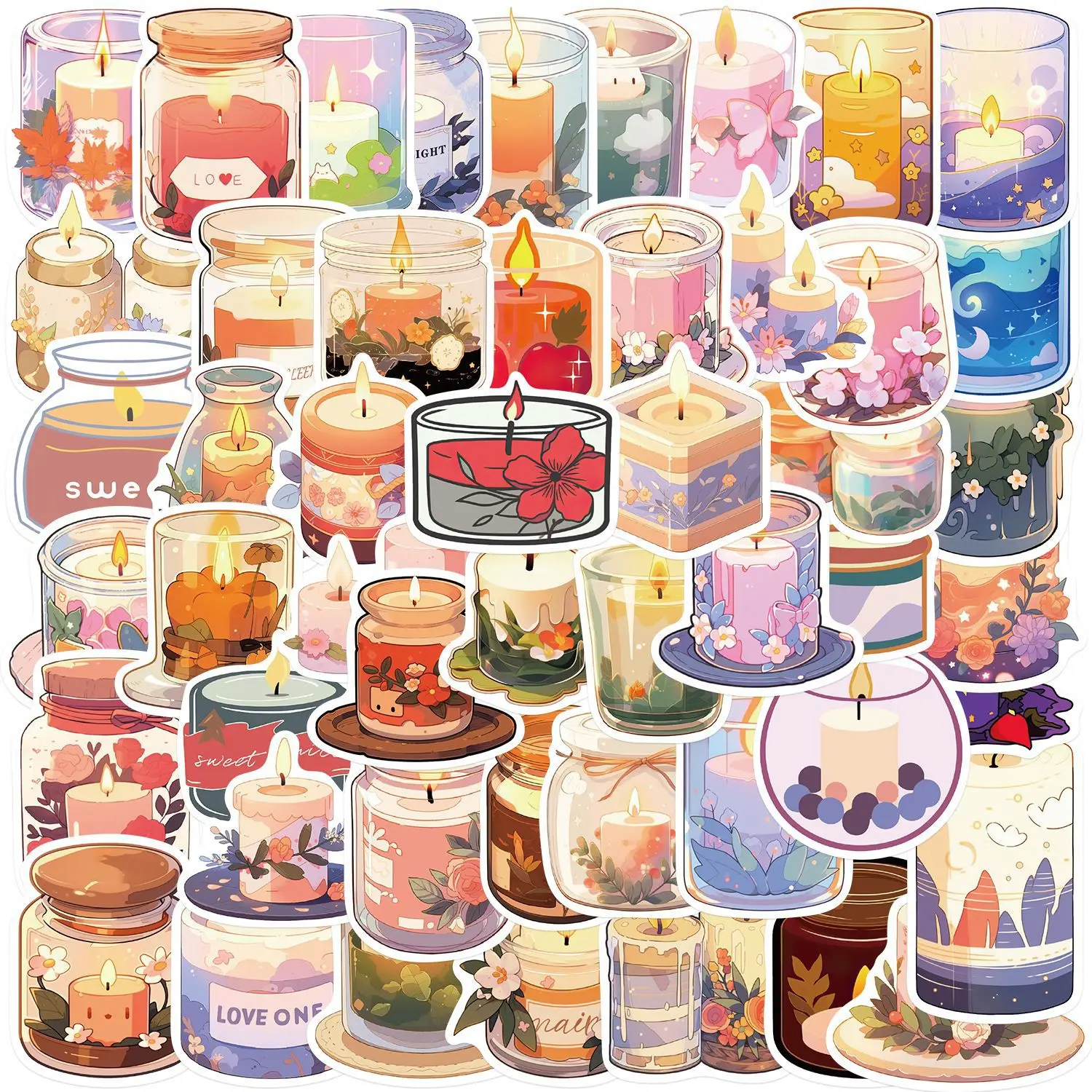 50pcs Cure Cartoon Candle Aromatherapy Series Graffiti Stickers Suitable for Laptop Helmets Desktop Decoration Stickers DIY Toys