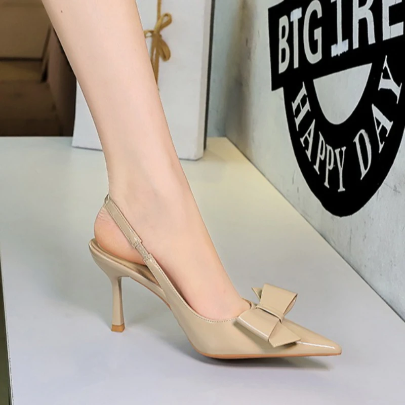 Womens Pumps And Heels Elegant Bow Pointed Toe Patent Leather Slingback Stiletto High Heel Sandals Shoes For Woman