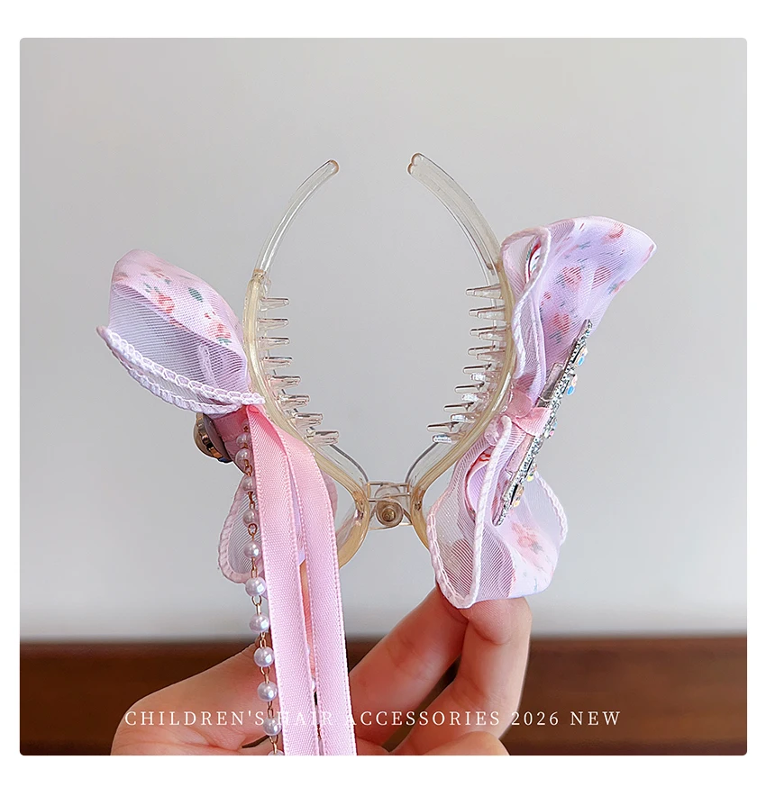 Neue Kinder-Prinzessinnen-Haarspange Glänzender Schmetterling Krone Schleife mit Langem Band Quaste Tüll Haaraccessoires Geburtstagsgeschenk – Detail 7