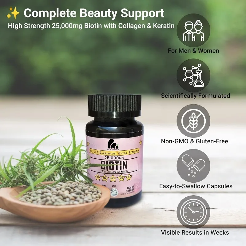 Collagen and Keratin Complex Biotin 25000 Mg Beauty Supplement Containing B Vitamins -60 Vegetarian Capsules