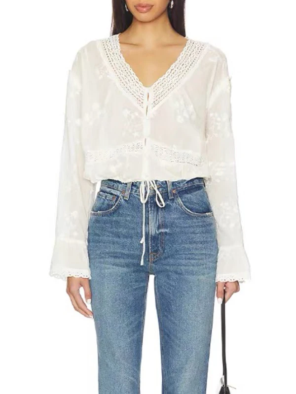 

Romantic Spring Summer 2026 Women's irt Long Sve V-Ne Embroidered Hollow out Lace Trim Cotton Breathable ort Length