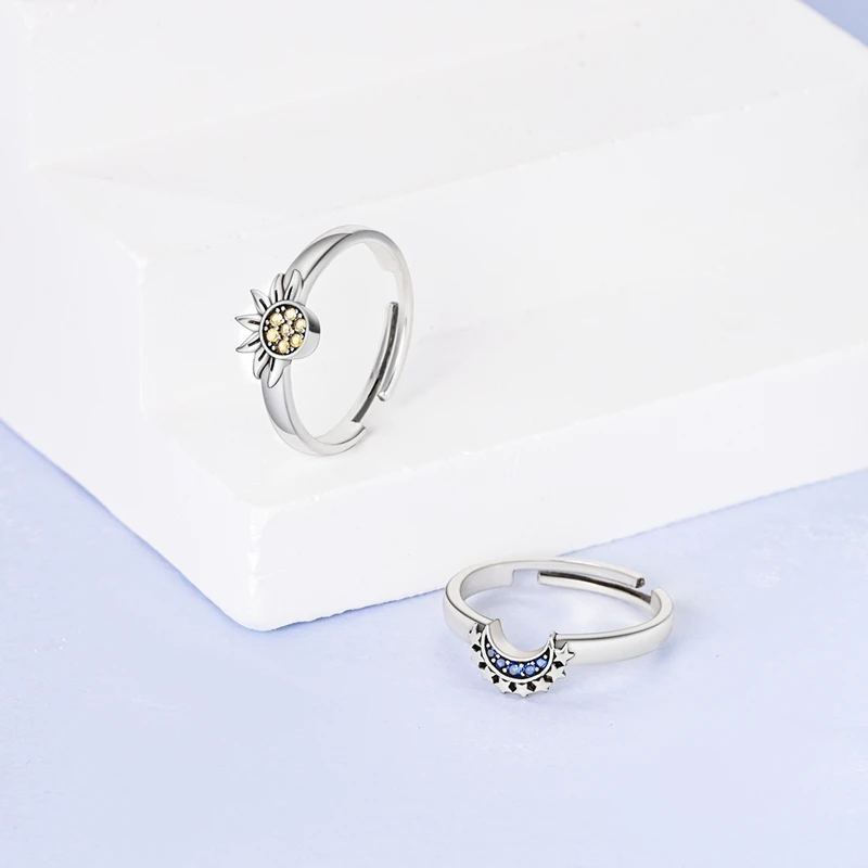Women's 925 Sterling Silver Love Heart Sun Moon Star Iris Adjustable Ring
