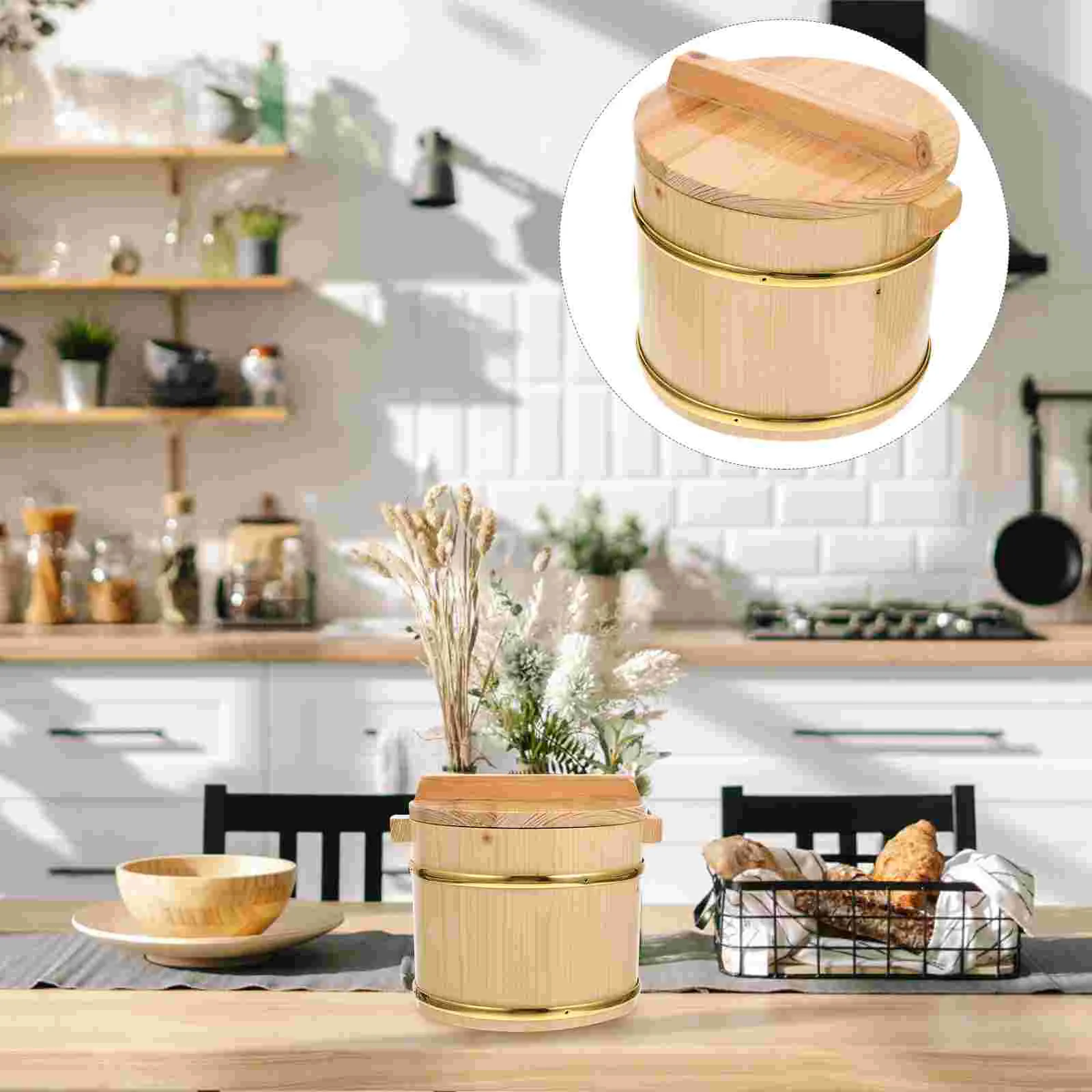 

Wooden Barrel Food Containers with Lids Sushi Rice Bowl Bucket Round Serving Lidded Buckets