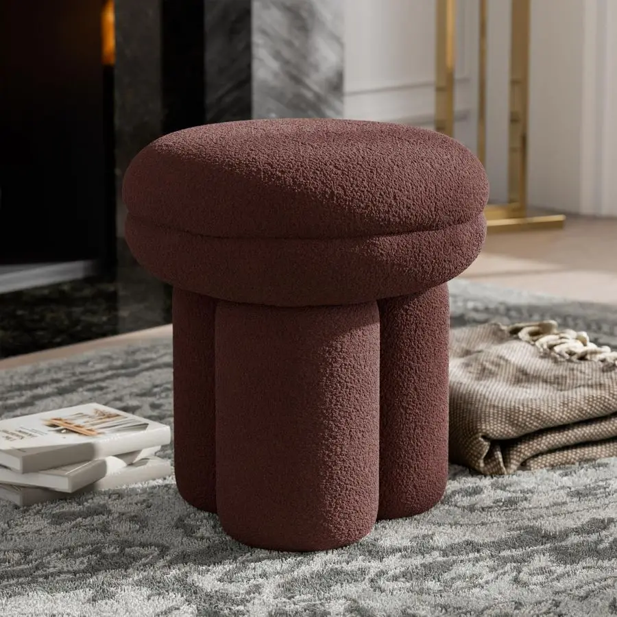 Rami Modern 18inch MushroomShape Upholstered Ottoman with TriPillar Pedestal, Vanity Stool Chair, Small Foot Stool for Bedroom,