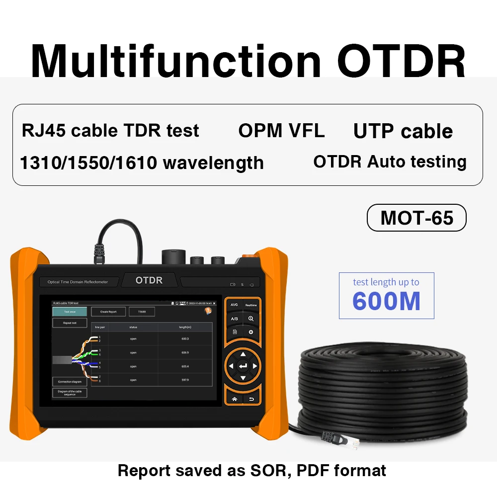 5.4 Inch MOT-65 Fiber Optic OTDR Tester Multi-Function  VFL OPM  RJ45 TDR for Network Cable Fiber Testing 1310/1550/1610nm