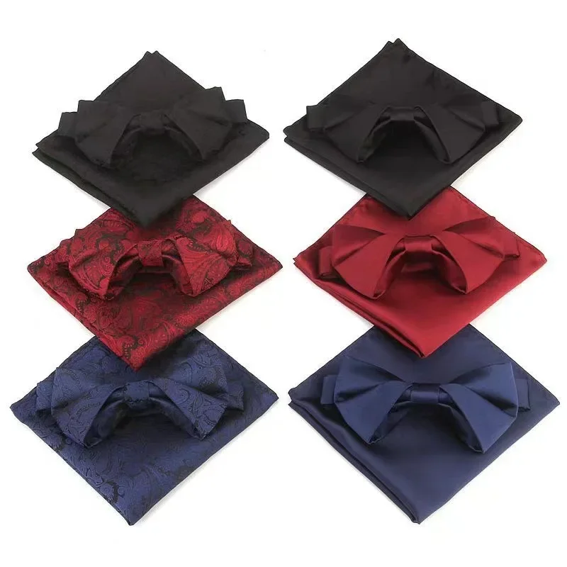 New Fashion Versatile Bow Ties Hanky Cashew Flower Polyester Bowties Pocket Square for Groom Groomsman Wedding Dress Accessories