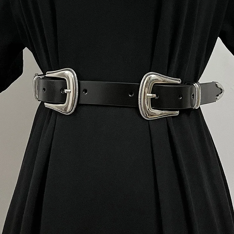 レディースヴィンテージシルバーダブルピンバックルベルト、多用途レザーベルト、ウエストに締めるベルト付き