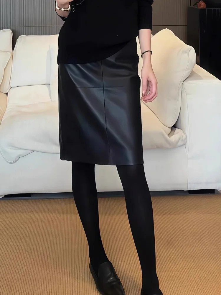 

Ele Straight Leg eepskin Leather Skirt High Waist Commute Faionable Versatile Women's Skirt Casual Daily Wear