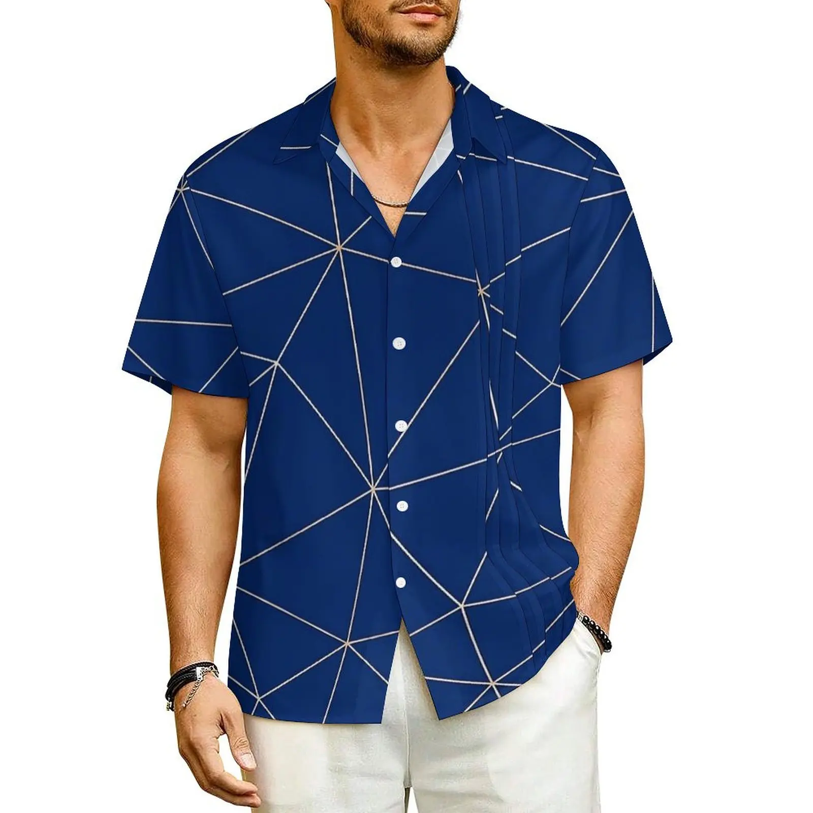 

Geo Print Beach Shirt Male Blue Lines Vintage Casual Shirts Hawaiian Short Sleeves Breathable Custom Oversized Blouses Gift