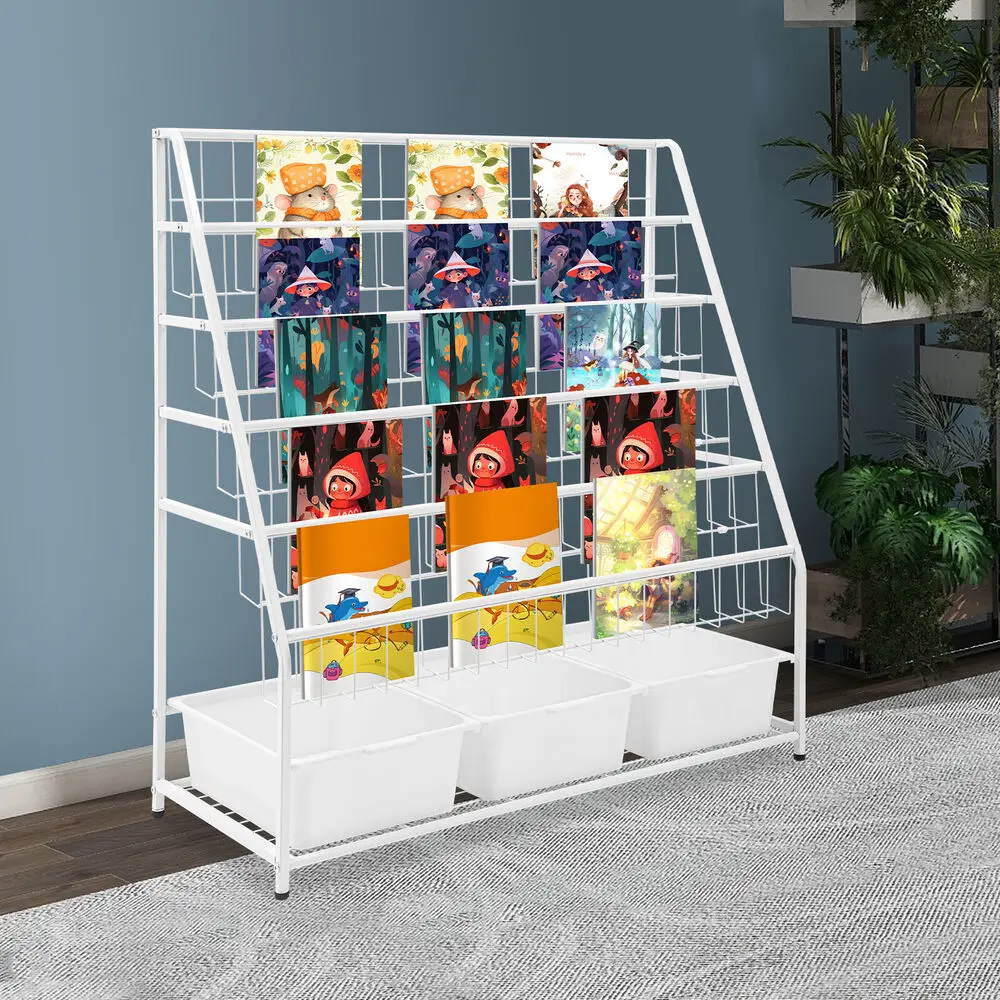 5 Tier Metal Kids Bookcase Book Display Rack Freestanding with 3* Storage Bins