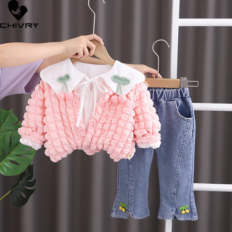 New 2023 Kids Autumn Fashion Cute Cherry Lapel Coat with Denim Pants Jeans Baby Girls Casual Three-piece Clothing Sets