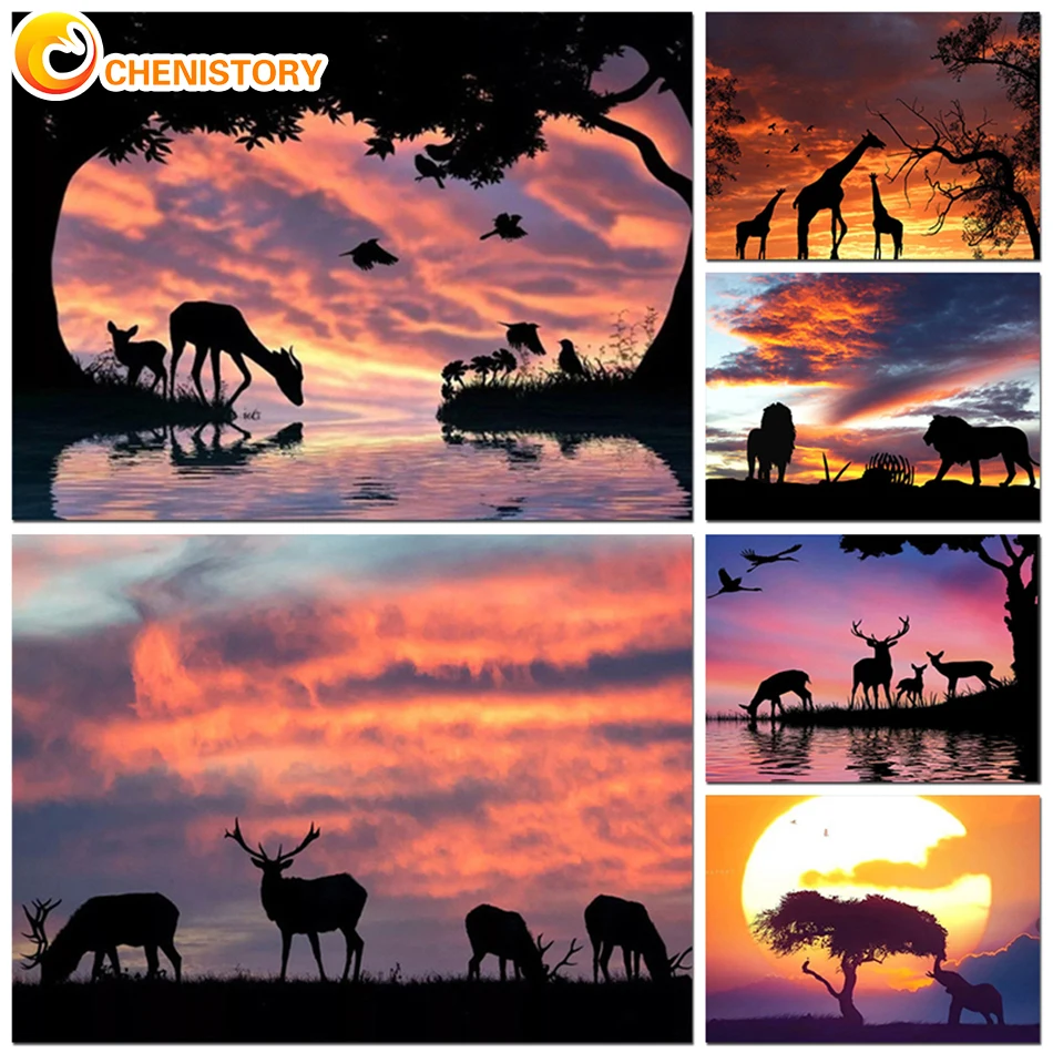 

CHENISTORY Full Square/Round 5d Diamond Painting Sunset landscape DIY Diamond Embroidery Elephant Mosaic Cross Stitch Home Decor