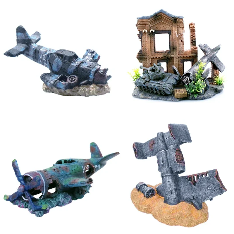 Amusing Aquarium Decoration Aircraft Bomber Wreckage Cave Ornaments Fish Tank Landscaping Fish Pet House Background Accessories