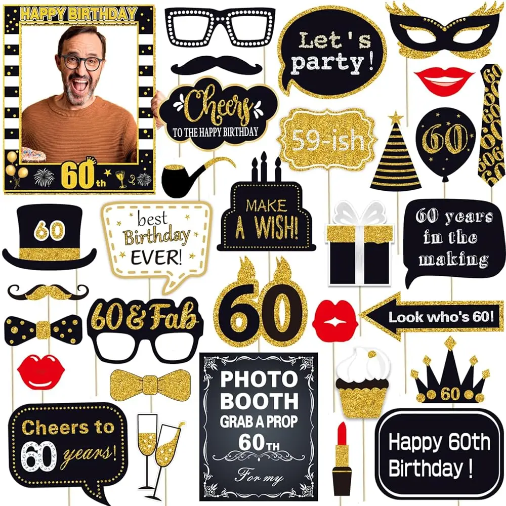

Набор из 32 предметов для фотосессии на 60-летие (для мужчин и женщин), комплект реквизита для селфи на 60-летие, классический черно-золотой набор для празднования 60-летия