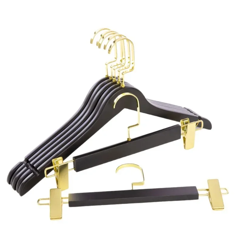 5Pcs Quality Black Wooden Hangers Smooth Wood Pants Rack with Clips for Closet Storage Heavy-Duty Suit Hanger for Jacket Shirt